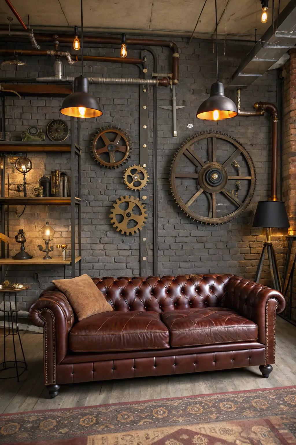 A sumptuous Victorian leather couch serves as the centerpiece of this steampunk living room.