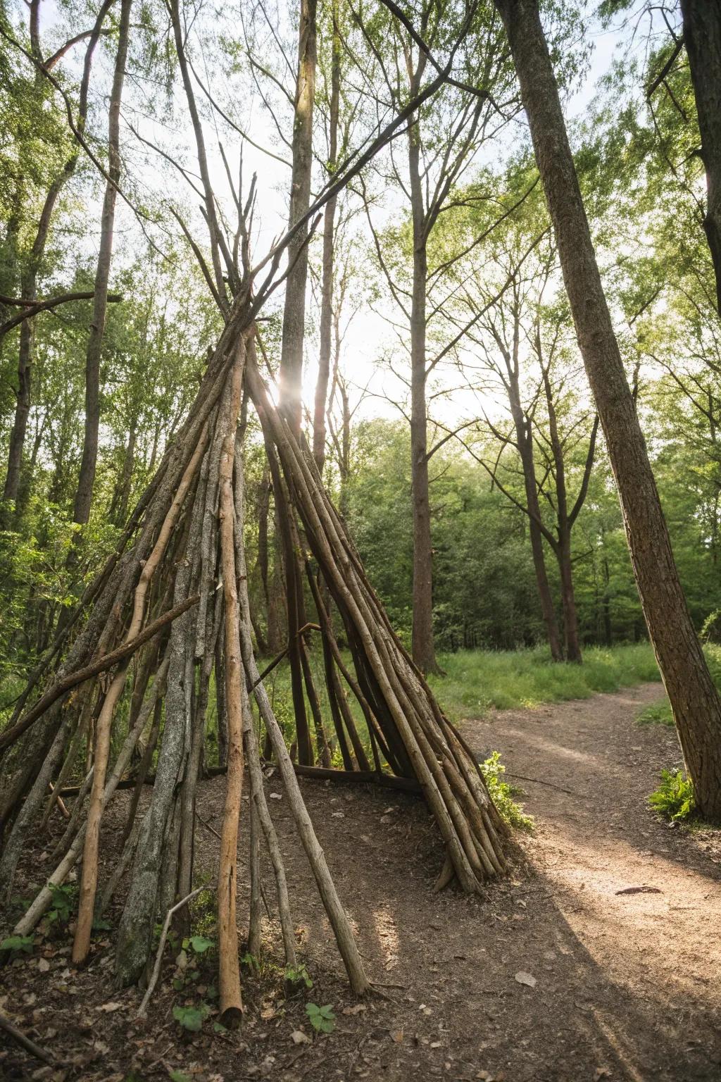 Embrace the art of the forest with this classic tepee-style stick fort, a testament to timeless woodland craftsmanship.