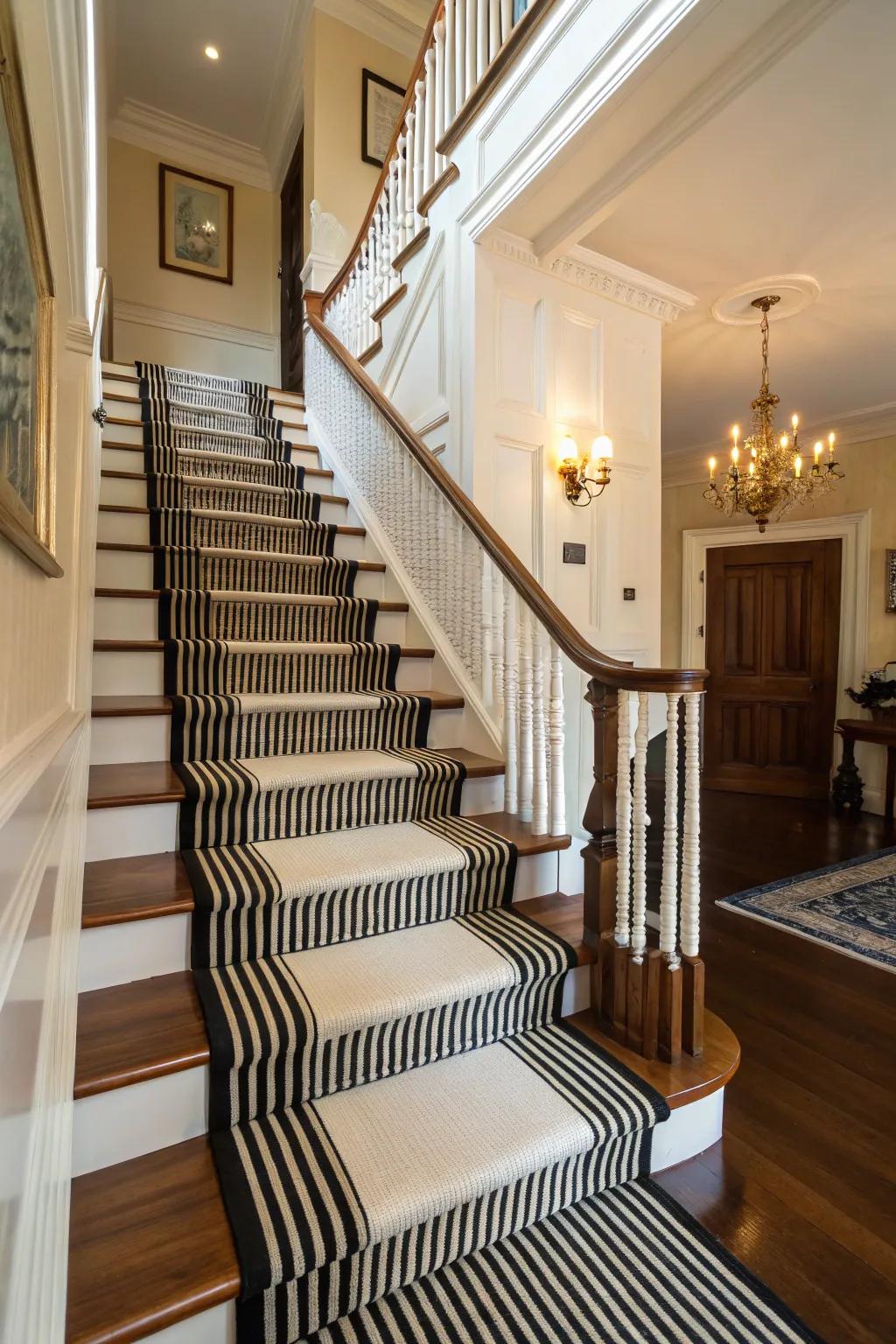 The timeless elegance of a black and white striped stair runner in a traditional setting.