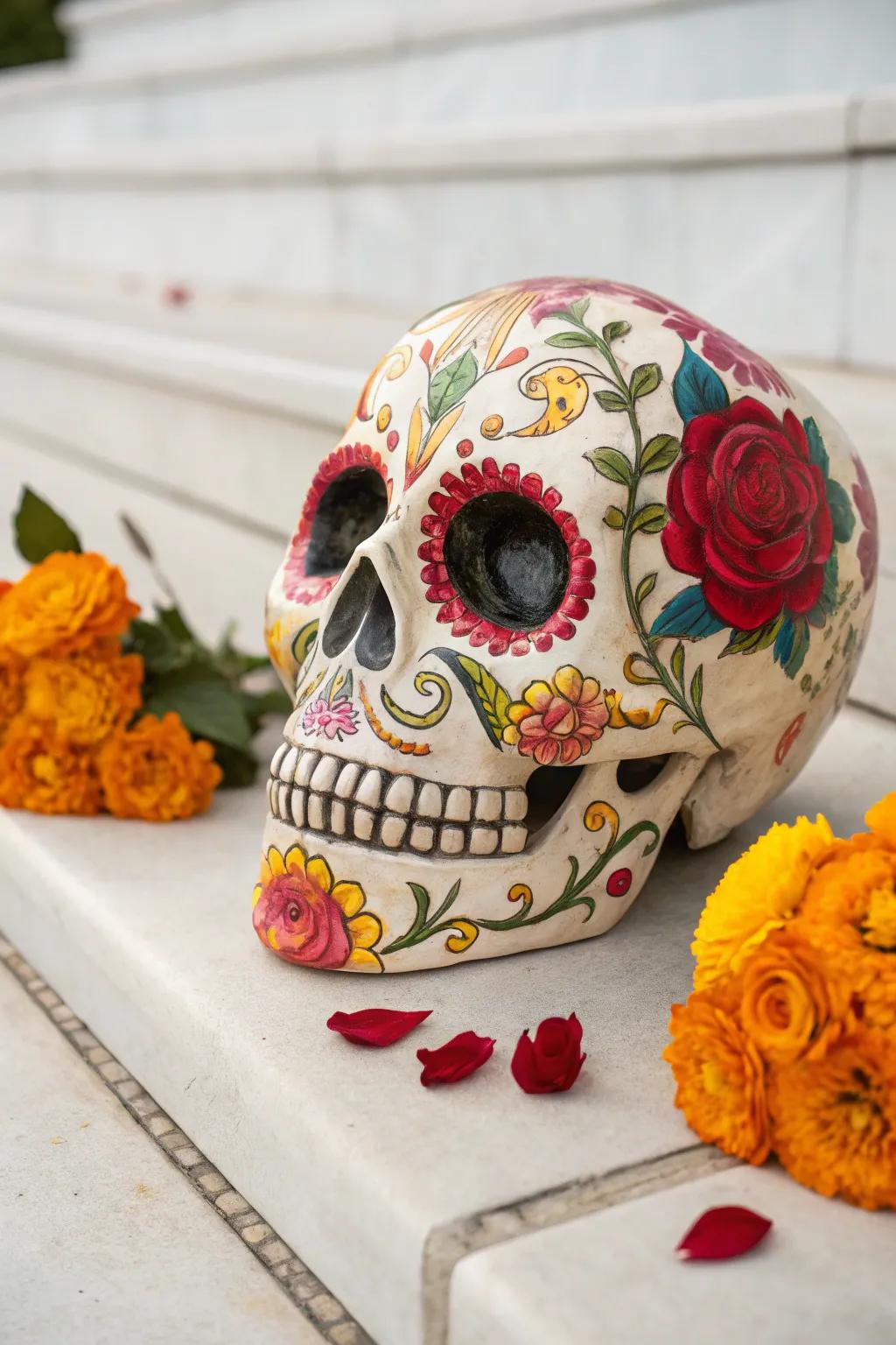 Floral Fantasy: Celebrate elegance with vibrant blooms on a timeless sugar skull.