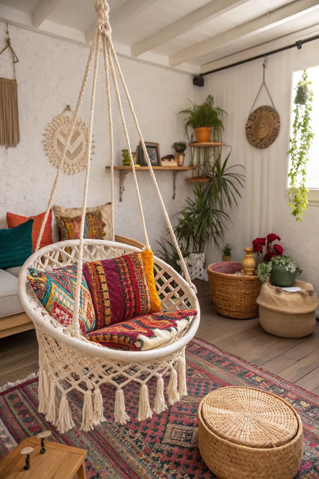 A bohemian macrame swing adds a touch of whimsy and warmth to any room.