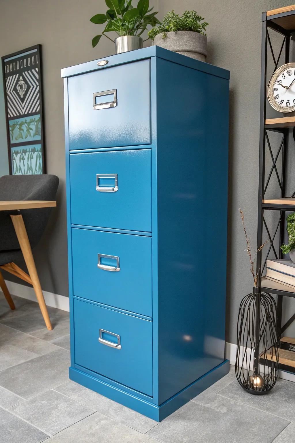 Transform your workspace with a bold splash of color! This electric blue filing cabinet brings life and style to any office.