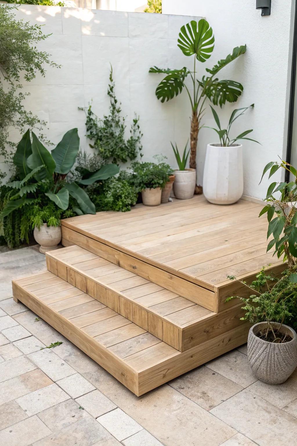Transform your outdoor space with the elegance of modular wooden platforms, blending Scandinavian simplicity with a touch of Boho charm.