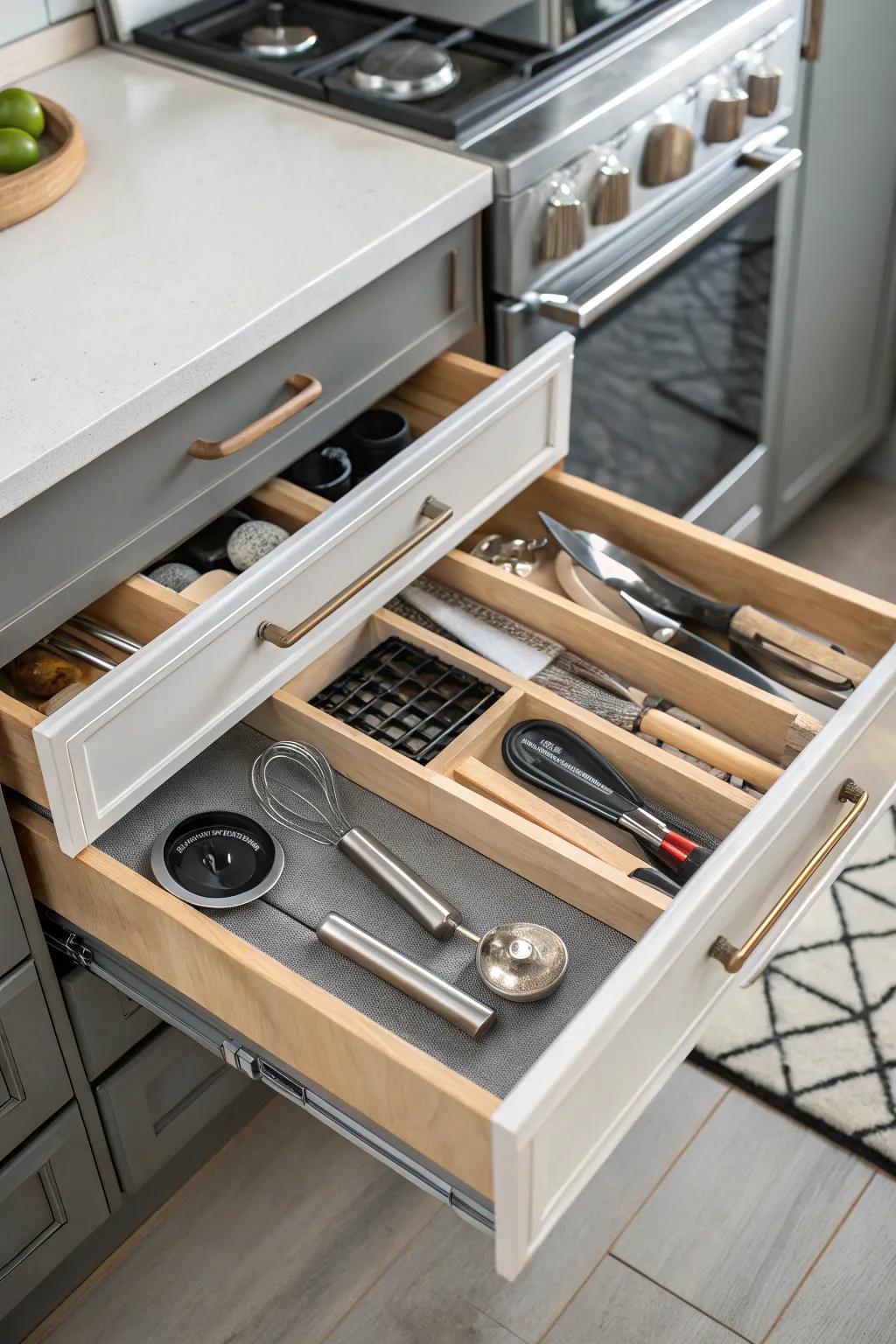 Efficiently organized pull-out drawers in a modern kitchen.