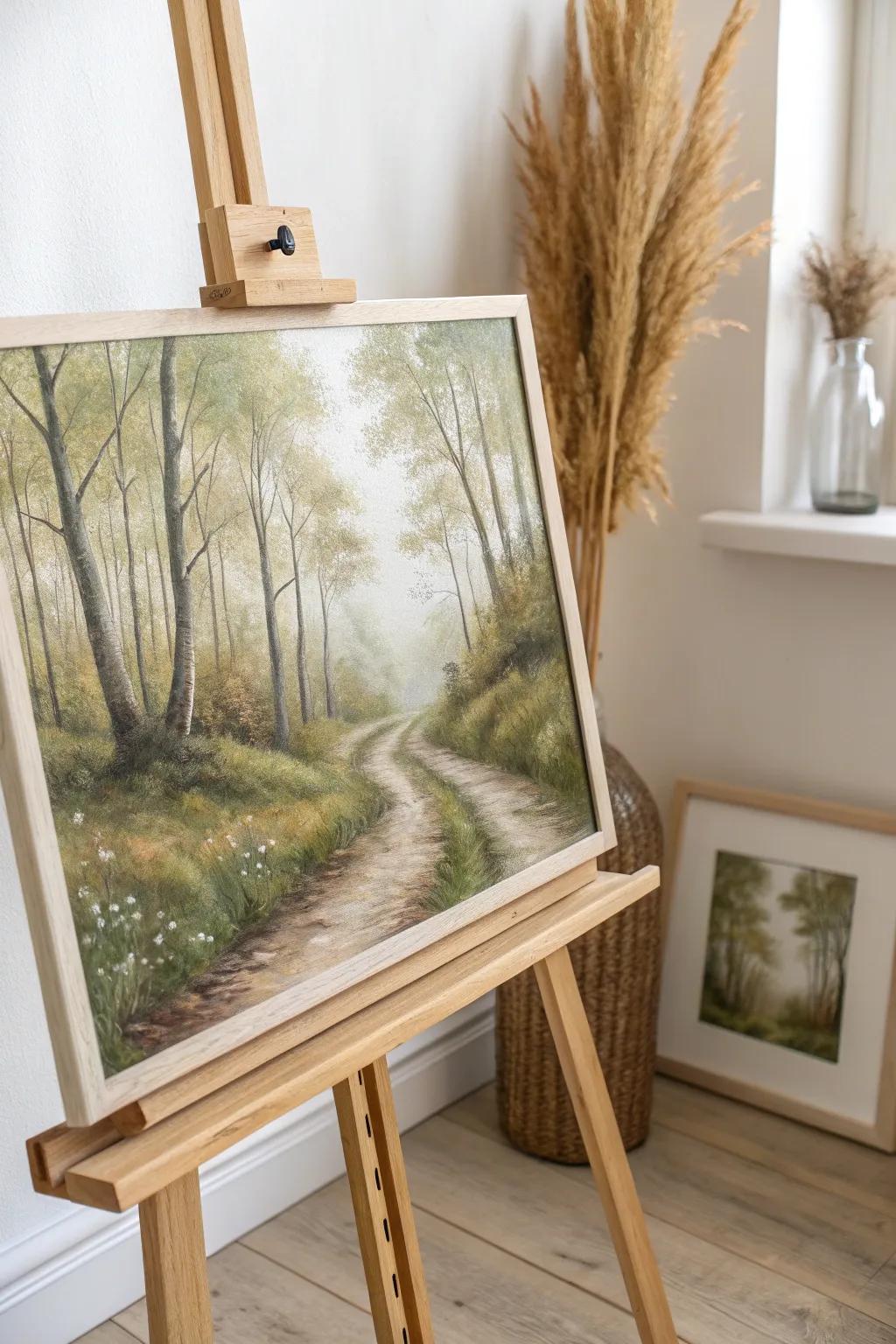 Escape into tranquility with this serene forest path painting, perfect for minimalist and boho-inspired decor.