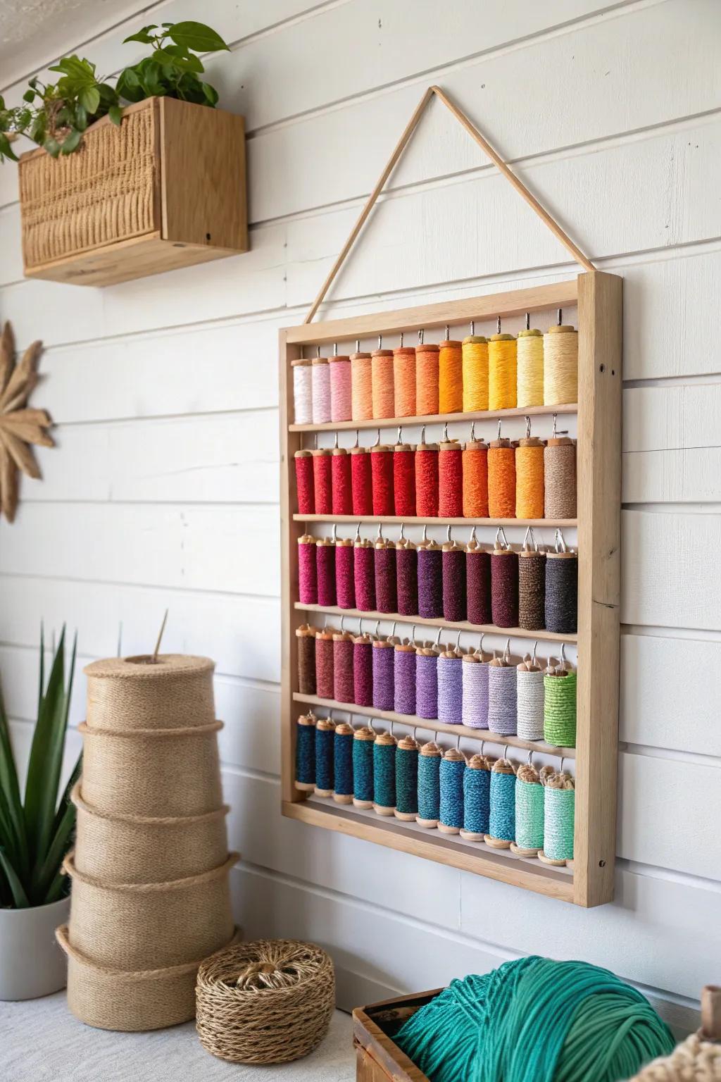 Transform your threads into a vibrant wall display with this elegant, space-saving rack.