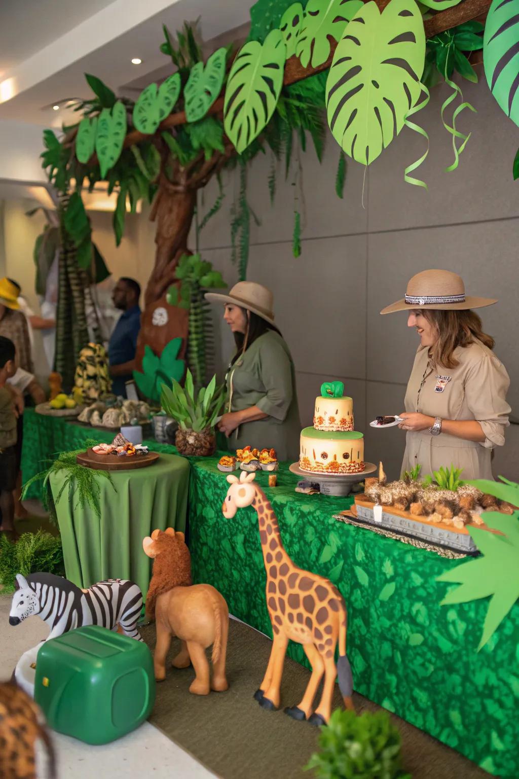 A jungle safari theme with vibrant animal decorations.
