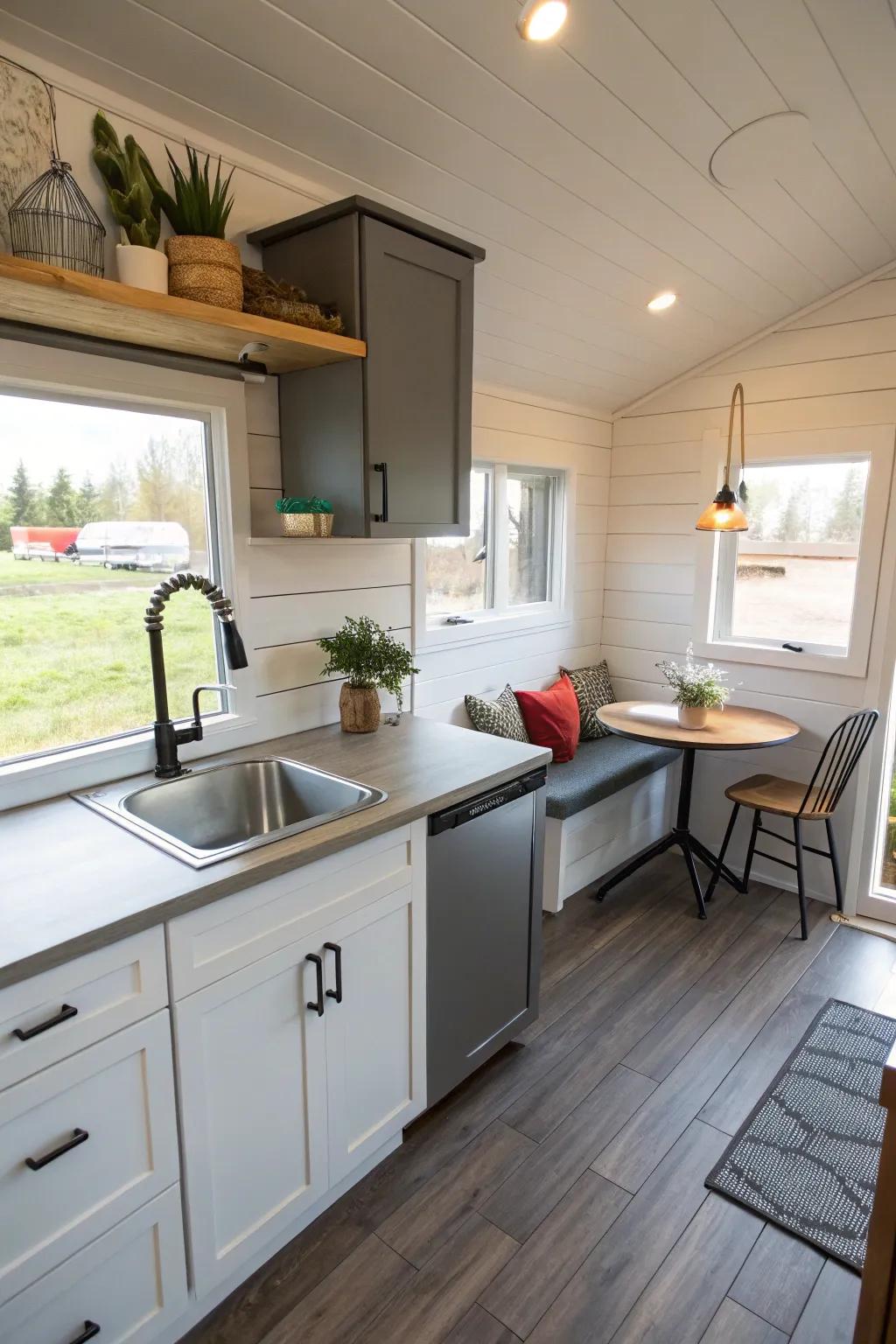 A modern tiny house kitchen making the most of corner space with a sleek sink.