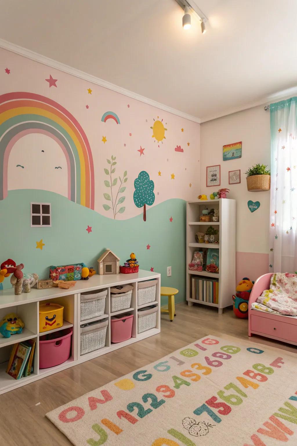 A lively room with a perfect blend of vibrant and pastel wall colors.
