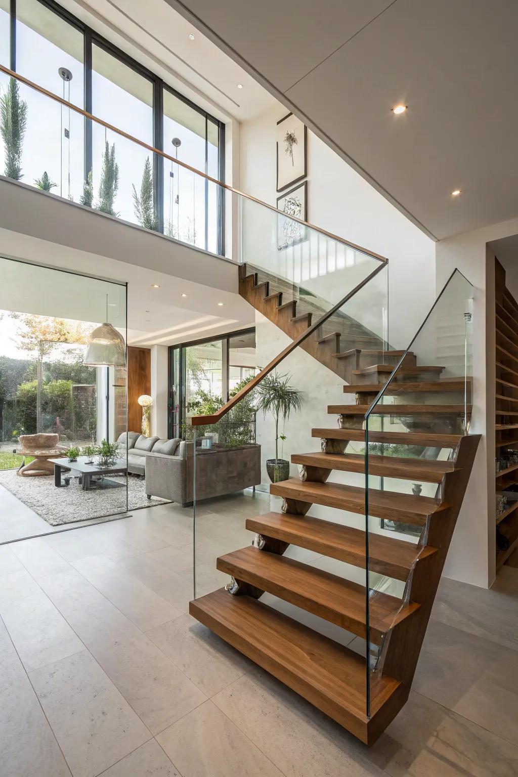 Floating wooden stairs with glass railings offer a sleek and airy design.