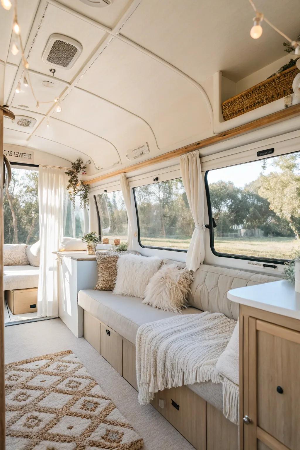 A travel trailer interior with large windows and light-colored decor for a bright and spacious feel.