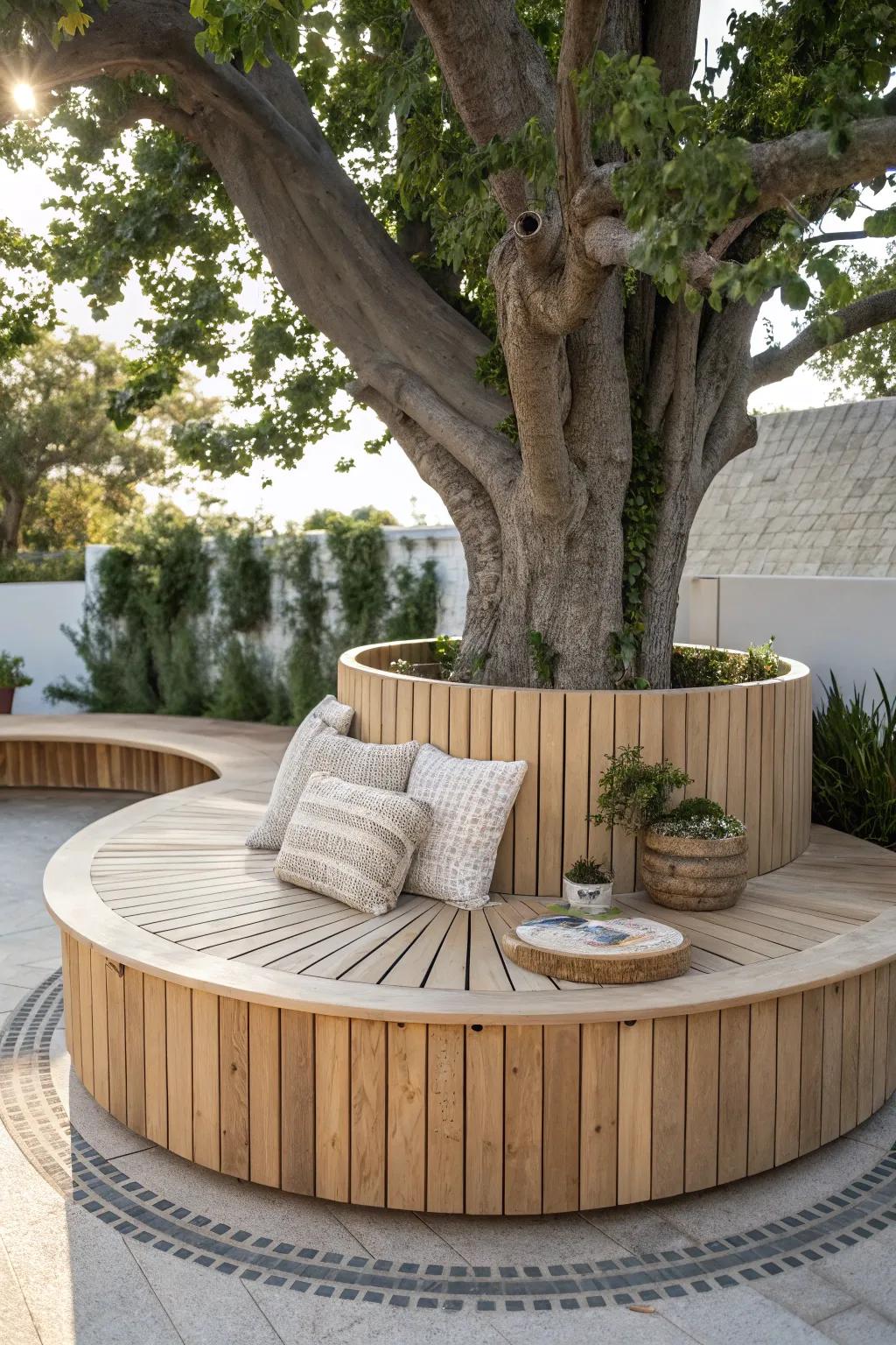 Embrace the serene elegance of Scandinavian minimalism with this charming circular tree bench.