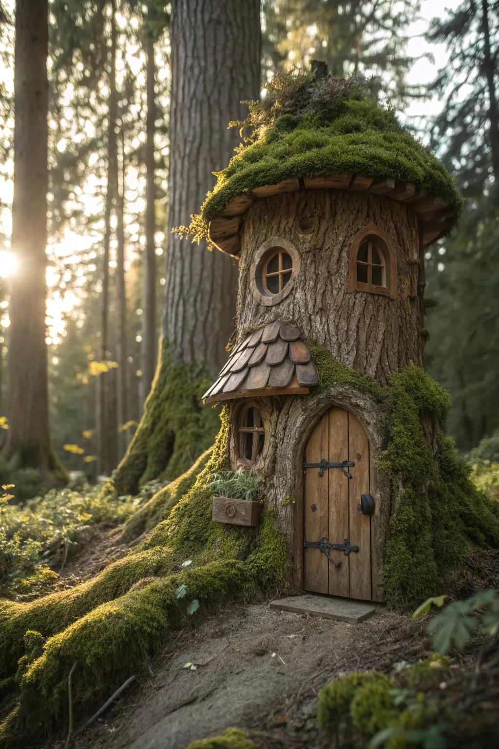 Step into a world of whimsy with this enchanting fairy house crafted from a tree trunk.