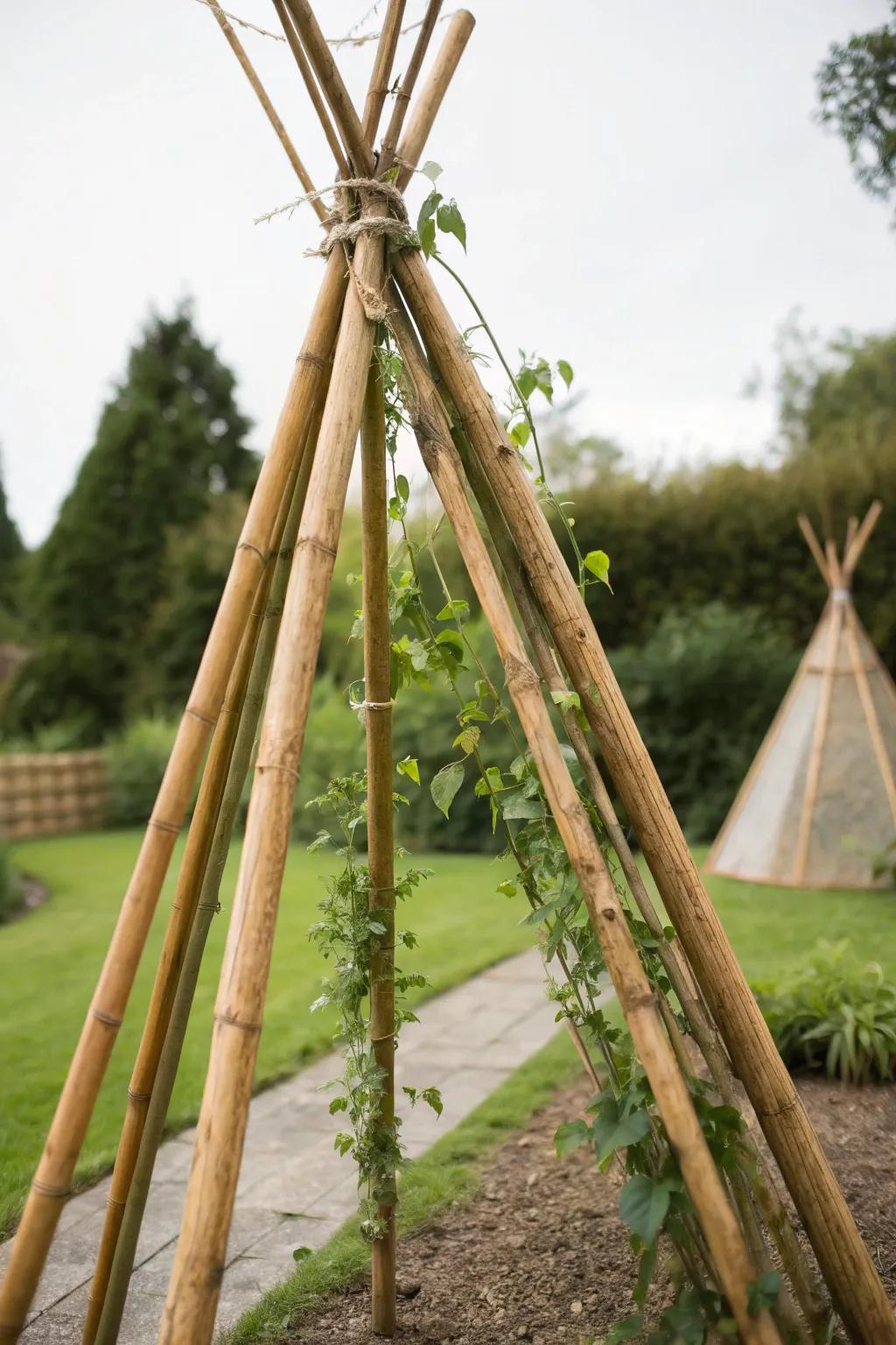 Elevate your garden with a charming bamboo teepee trellis, where simplicity meets natural beauty.