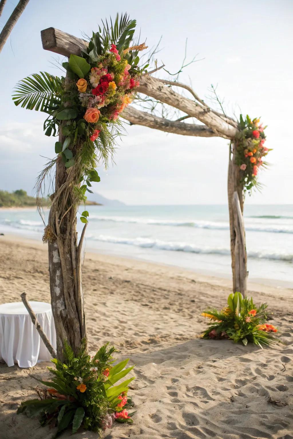 A naturally beautiful driftwood wedding arch adorned with tropical florals.