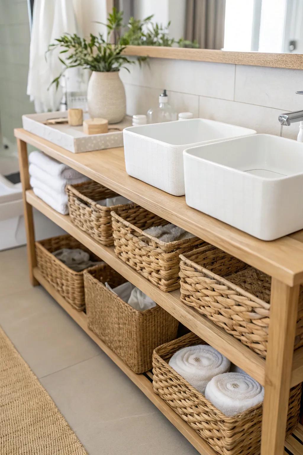 Transform your under-sink chaos into a sanctuary of simplicity with baskets and bins bliss.