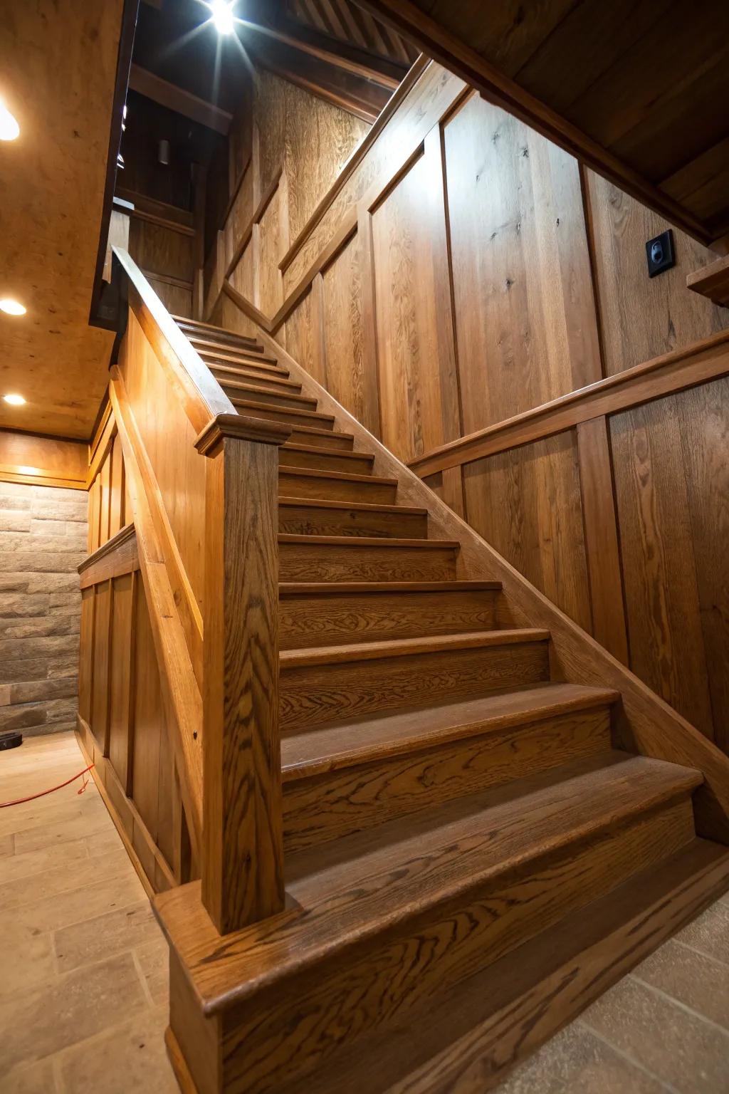 Transform your basement with the natural elegance of richly stained wood stairs.