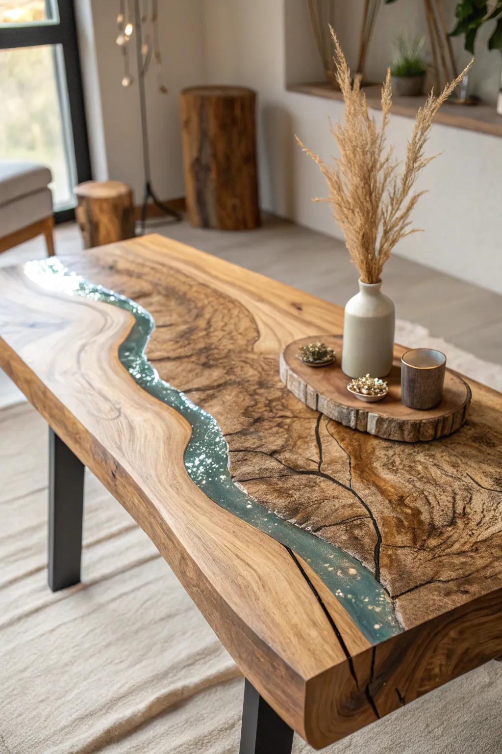 Experience the art of nature with this stunning live edge wood and epoxy table, where craftsmanship meets minimalistic elegance.