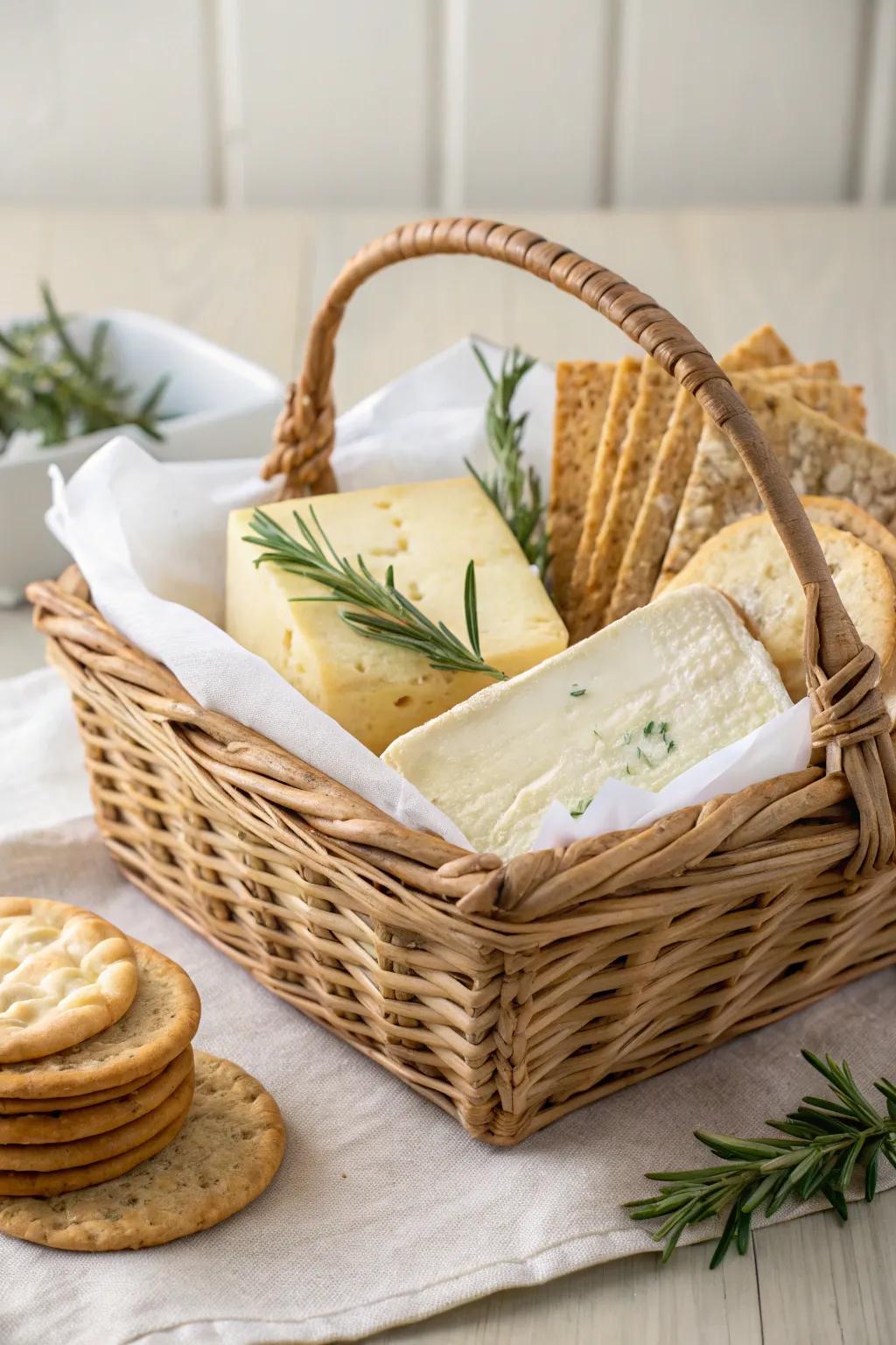 Indulge in the art of simplicity with our Gourmet Cheese and Crackers Basket, perfect for the discerning foodie.