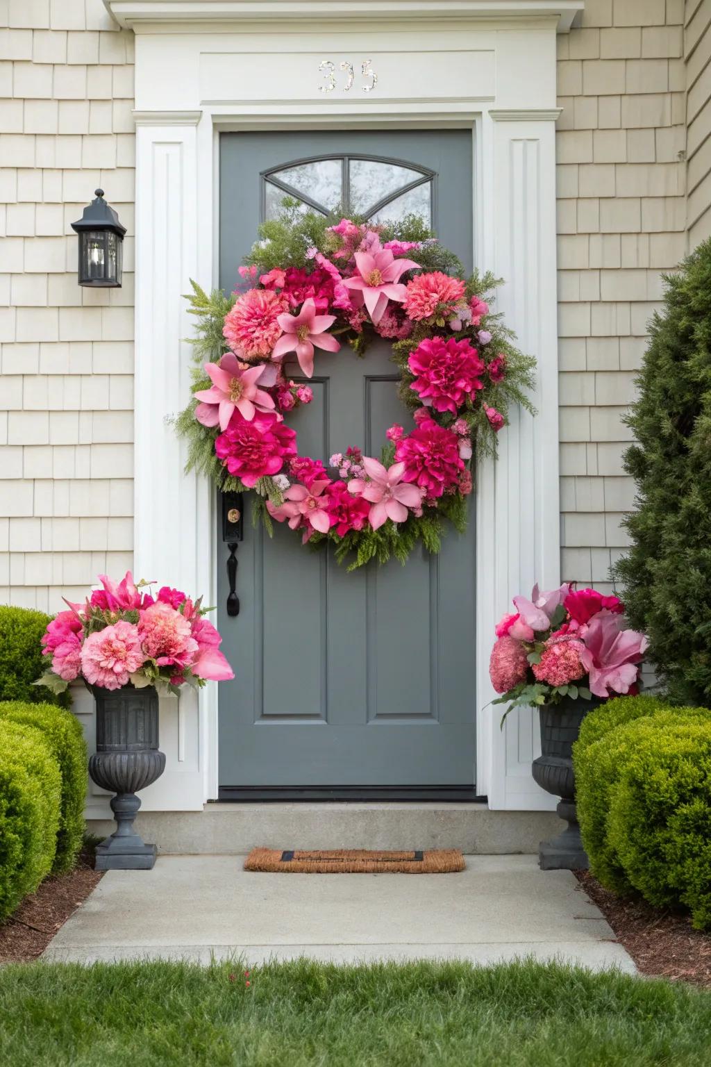 Pink peonies and lilies create a blooming beauty for your door.