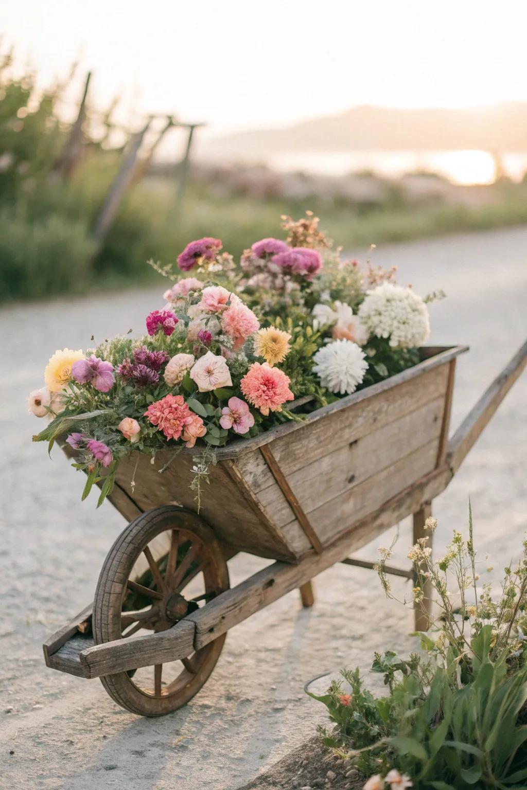 Transform vintage into vogue: A wheelbarrow planter that's both rustic and chic.