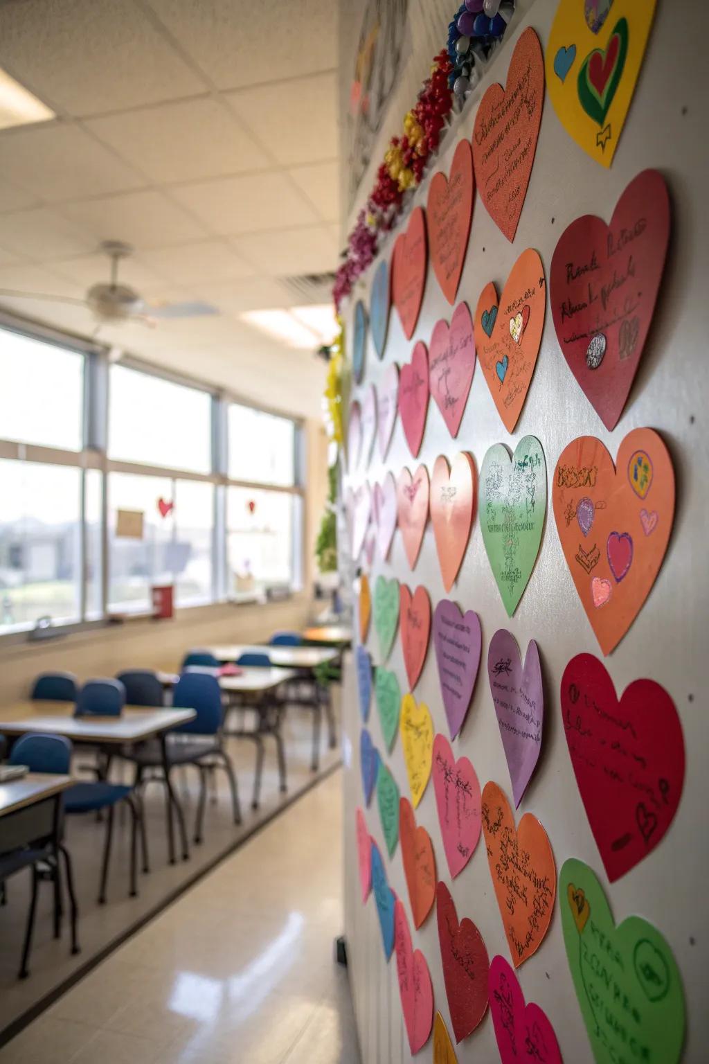 A wall of hearts personalized with students' names brings a sense of belonging.