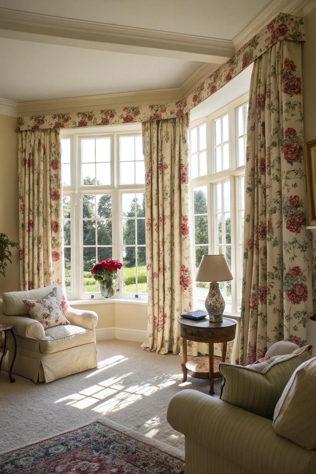 Bold floral curtains can bring a lively touch to any space.