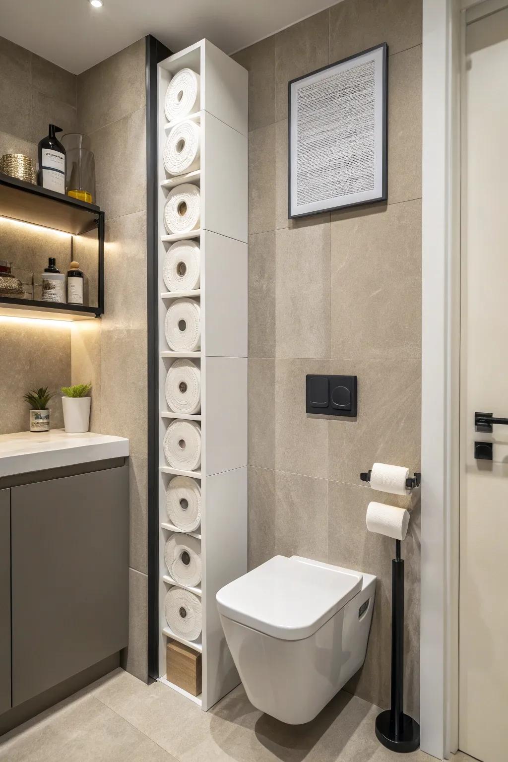 Elevate your bathroom's style with vertical toilet paper storage.