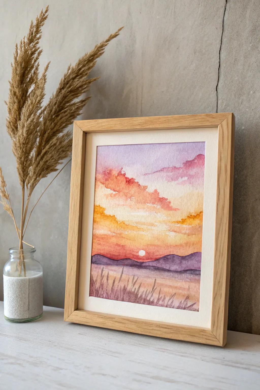 Capture the serene beauty of a sunset with minimalist watercolor art.