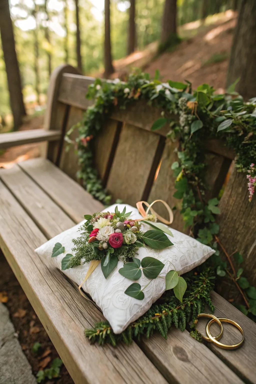 A wedding ring pillow made of lush greenery and delicate flowers.