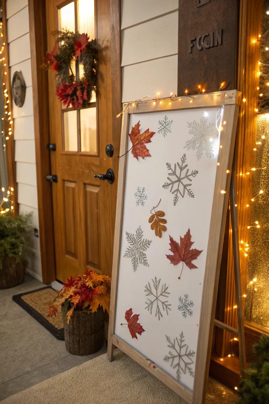 A whiteboard adorned with seasonal motifs, creating a warm entrance.