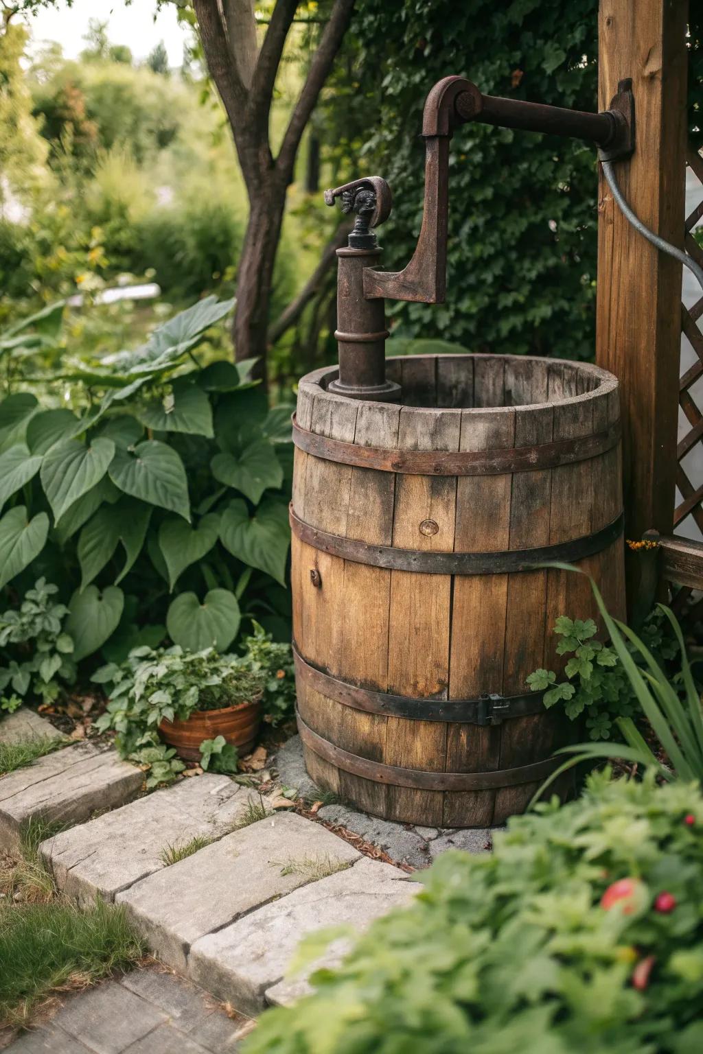 Elevate your backyard with a touch of rustic elegance using a charming wooden barrel well pump cover.