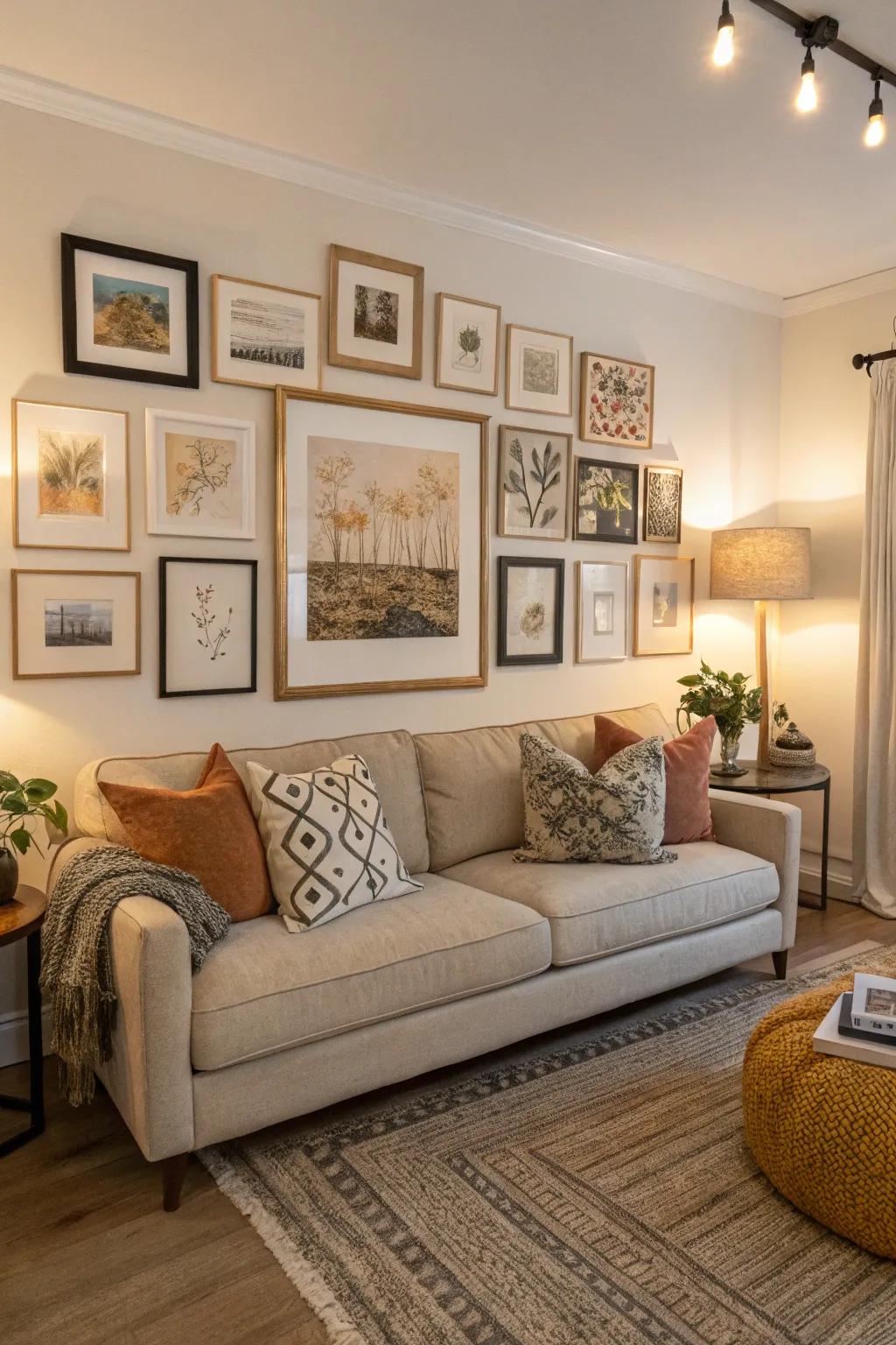 A gallery wall can be a striking focal point above your couch.