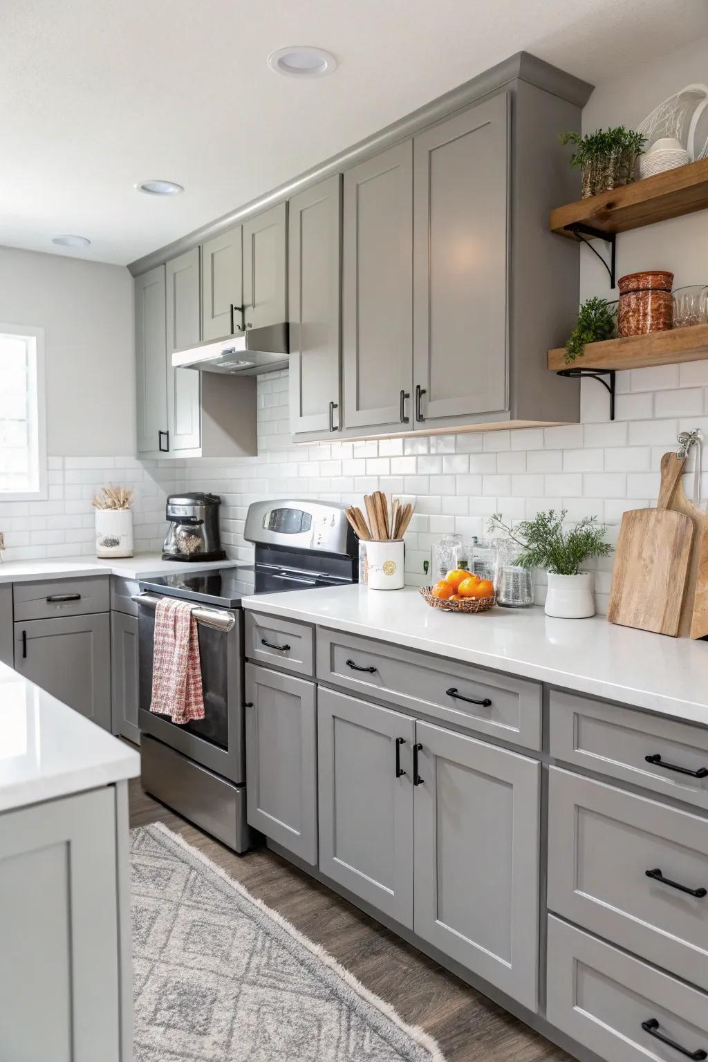 Grey shaker cabinets add a timeless touch to this modern kitchen.