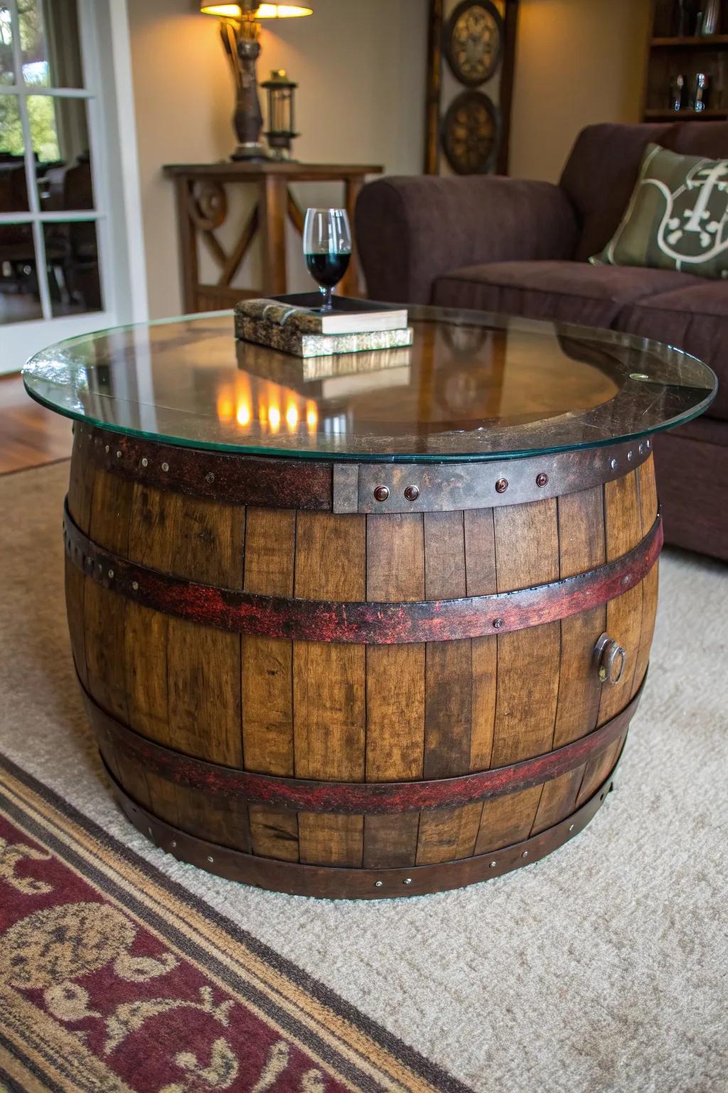 Transform rustic charm into modern elegance with this chic barrel coffee table.