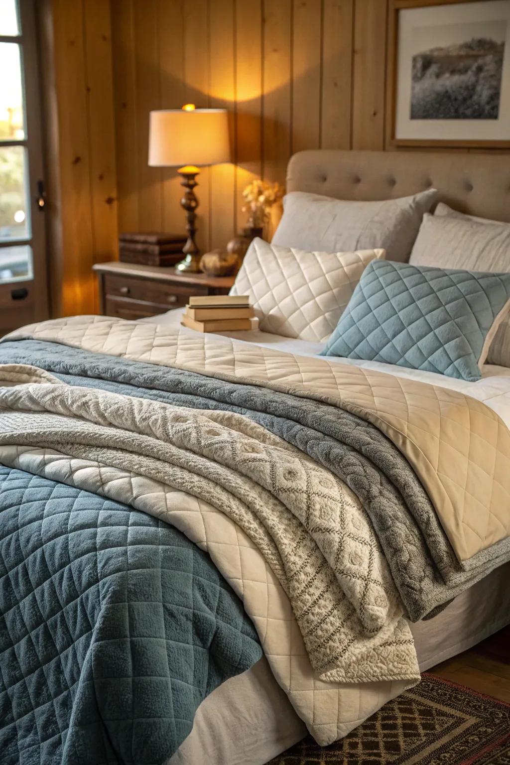 Layers of quilts and blankets for a warm winter embrace.