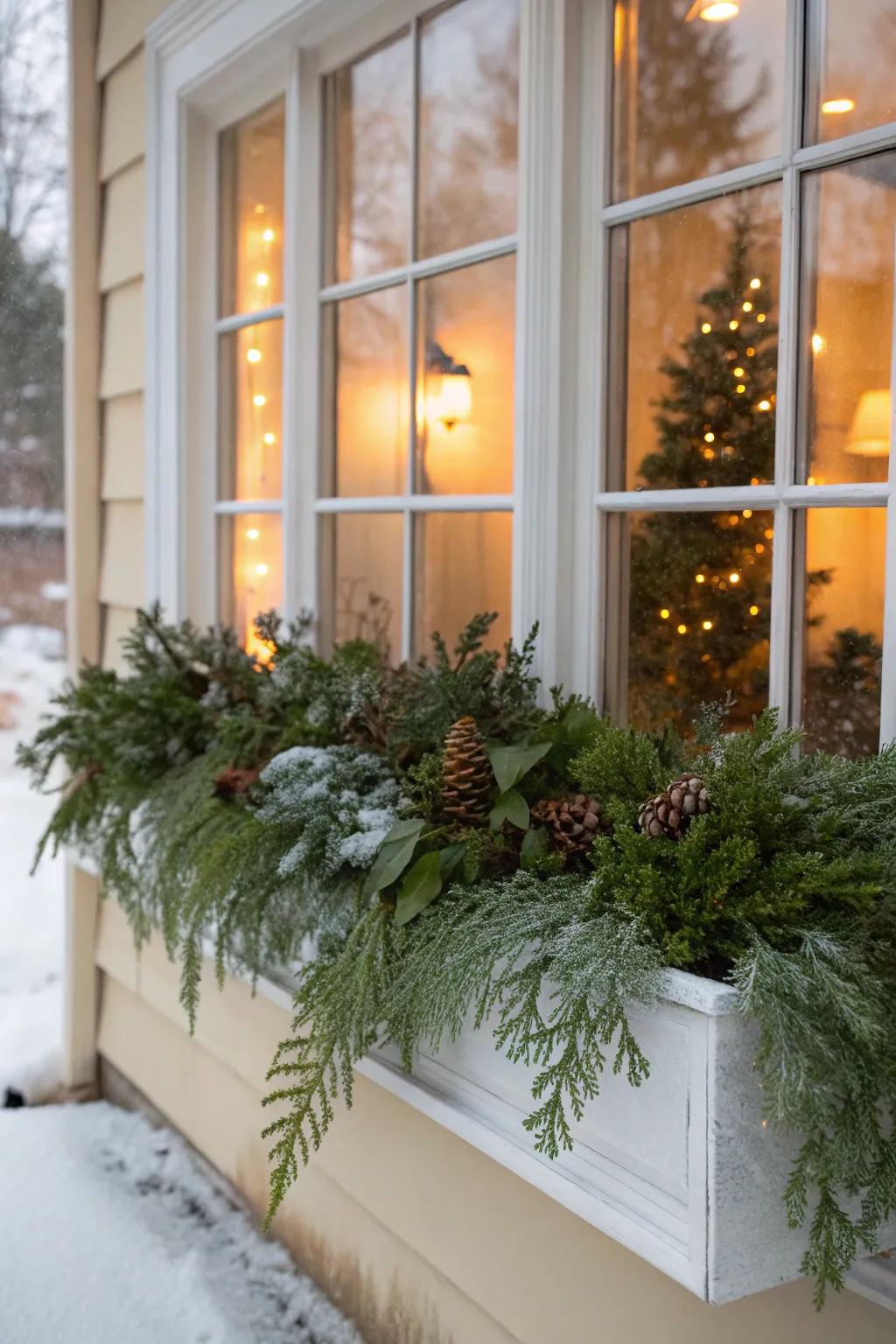 Lush evergreens bring life and color to winter window boxes.