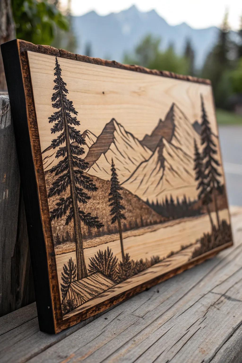 Immerse yourself in the art of wood burning with this breathtaking mountain landscape.