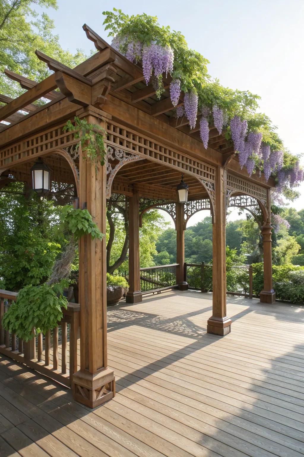 Transform your deck into a serene oasis with a beautifully crafted pergola and lush wisteria canopy.