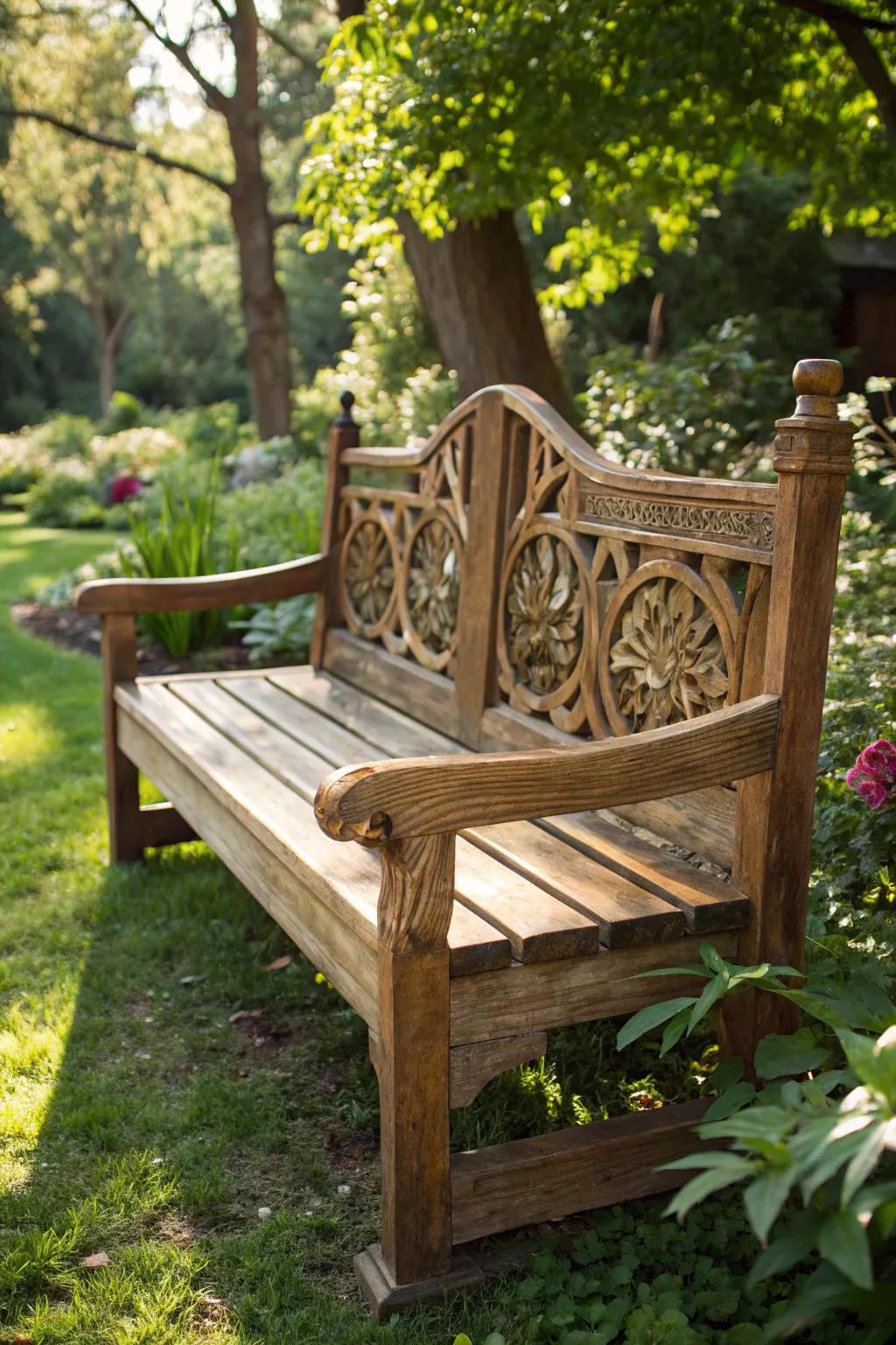 Find serenity and style with this handcrafted wooden bench, the perfect garden retreat.