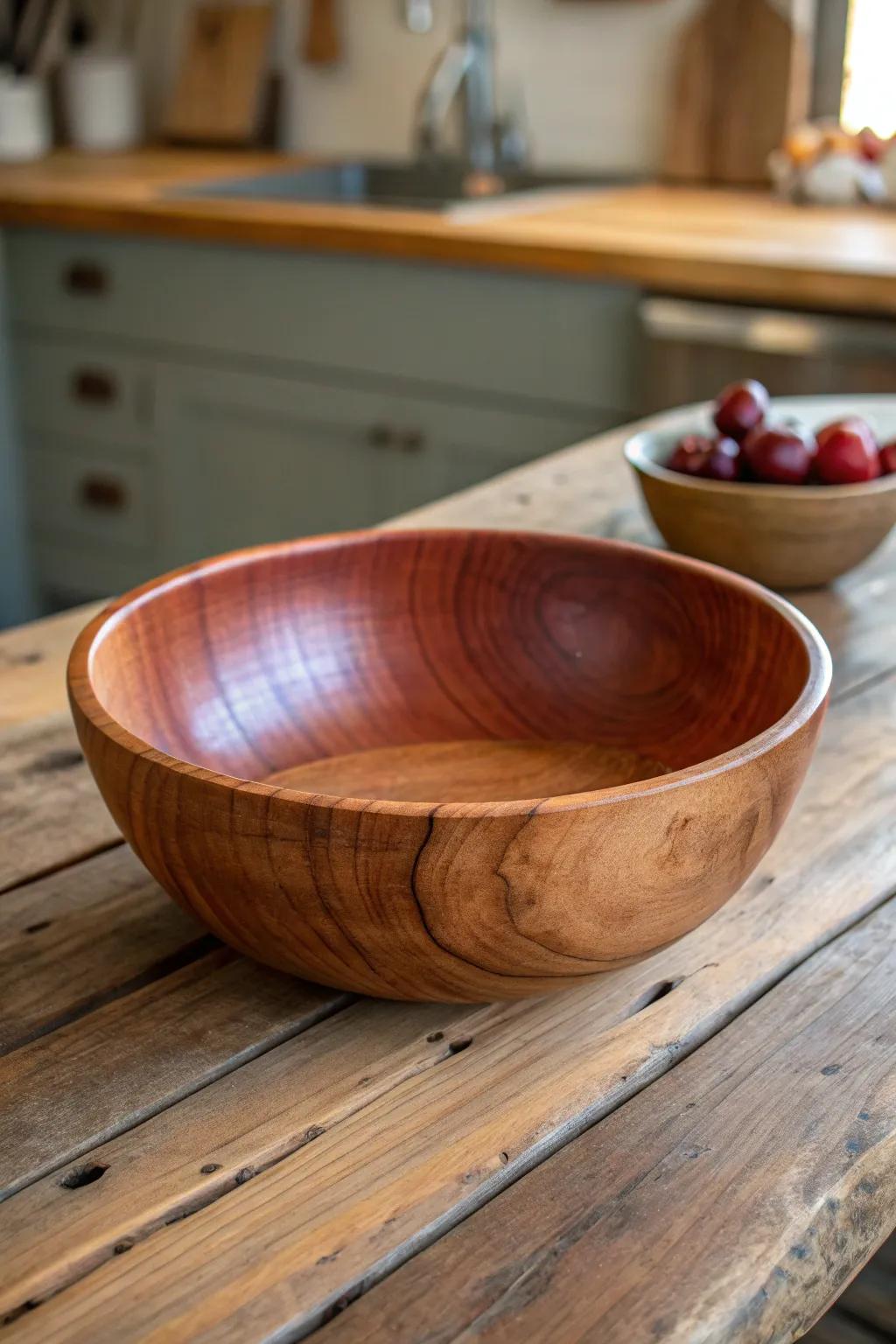 Add a touch of craftsmanship to your kitchen with a charming cherry wood bowl.