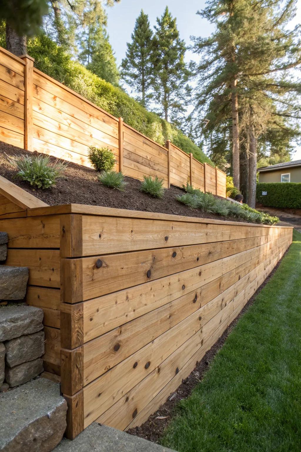 Embrace the timeless charm of cedar with this expertly crafted timber retaining wall, perfect for elevating your sloped backyard retreat.