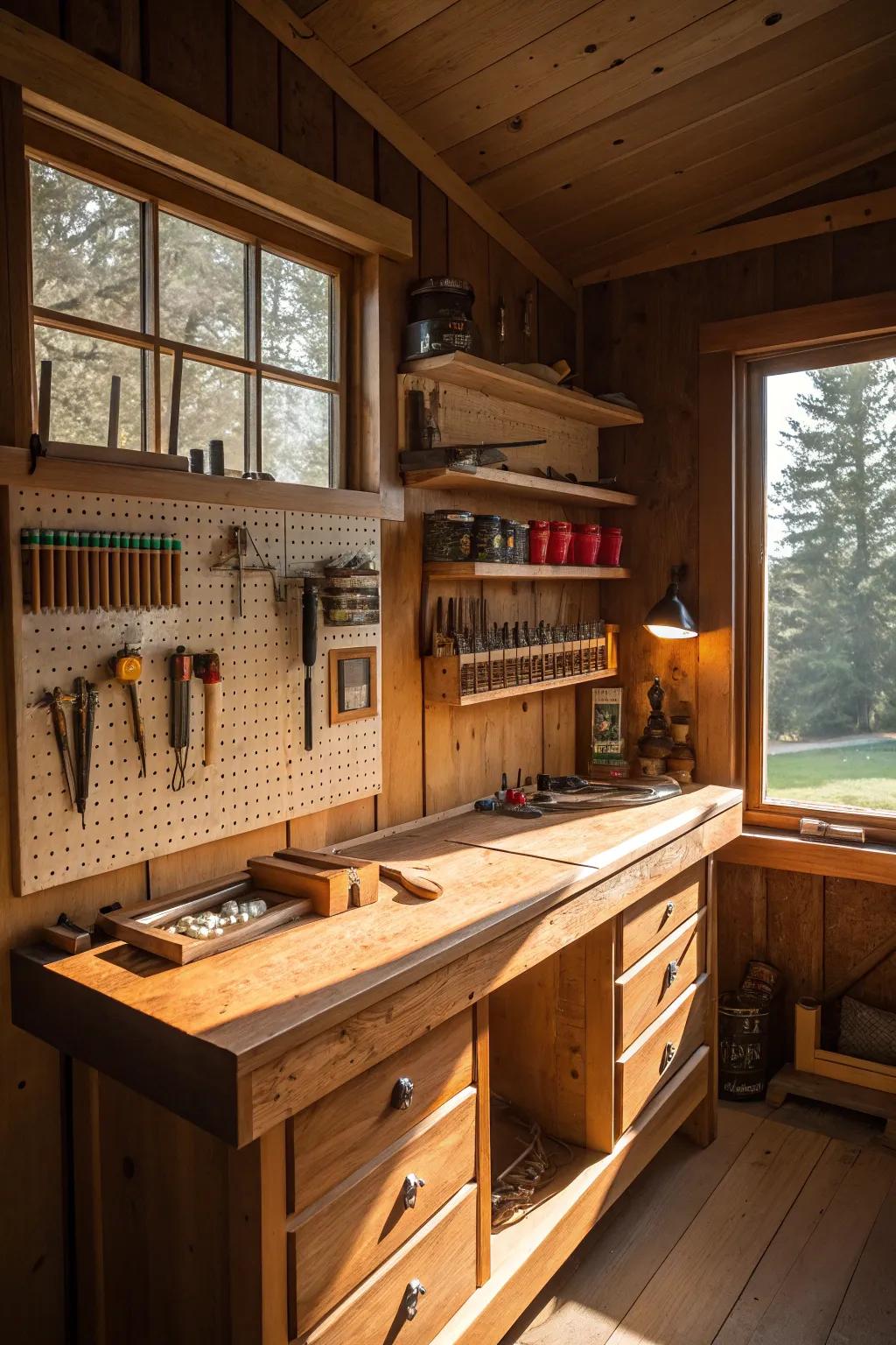 Harness the warmth and inspiration of a sunlit corner workbench, where craftsmanship meets creativity.