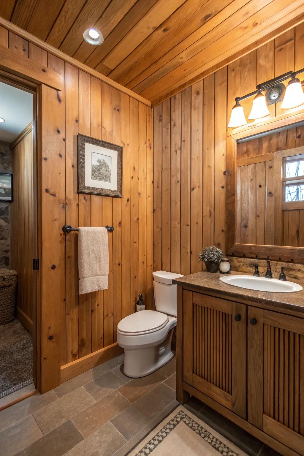 A rustic bathroom featuring tongue and groove wood paneling.