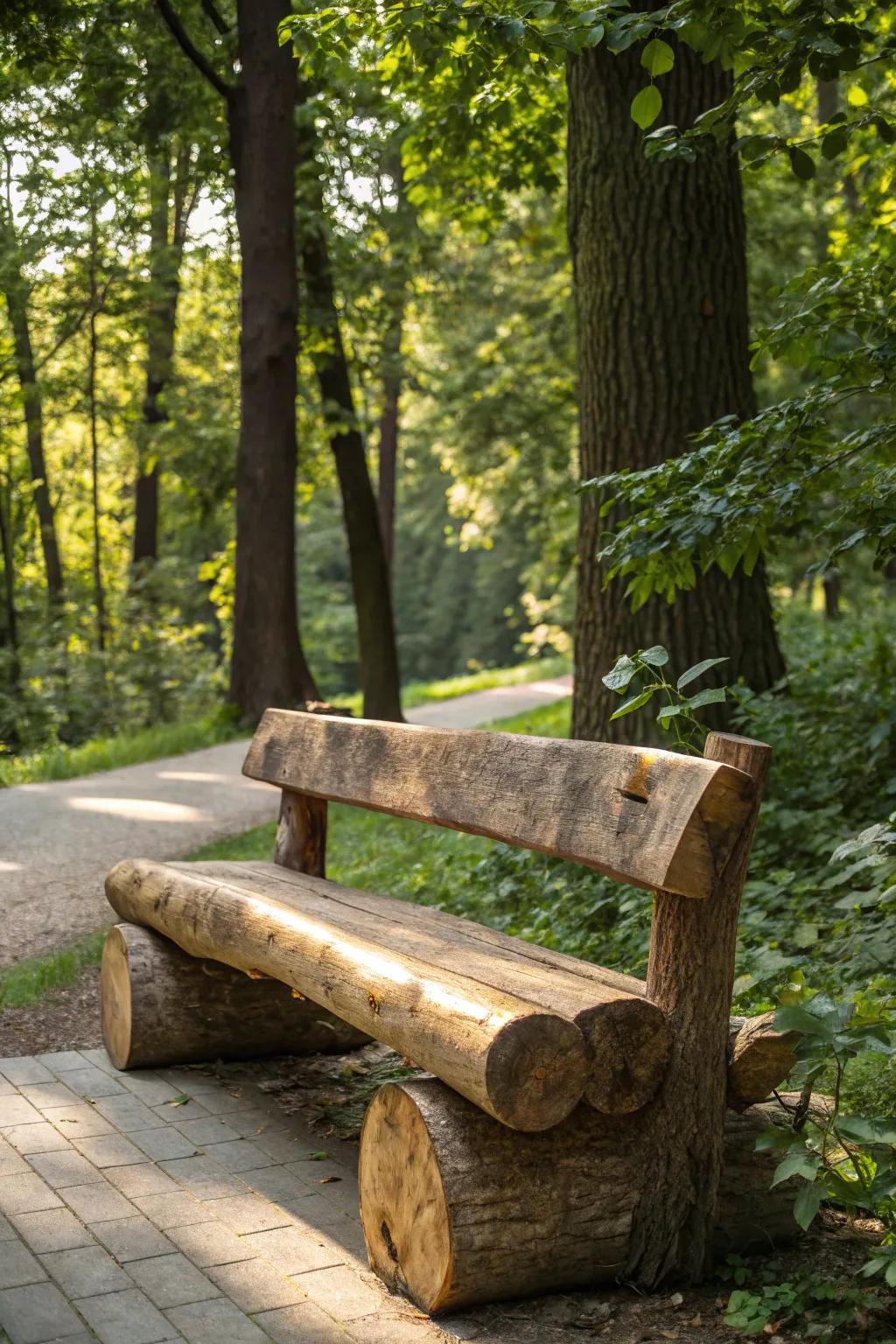Embrace nature's artistry with this handcrafted rustic log bench, the perfect centerpiece for any outdoor retreat.