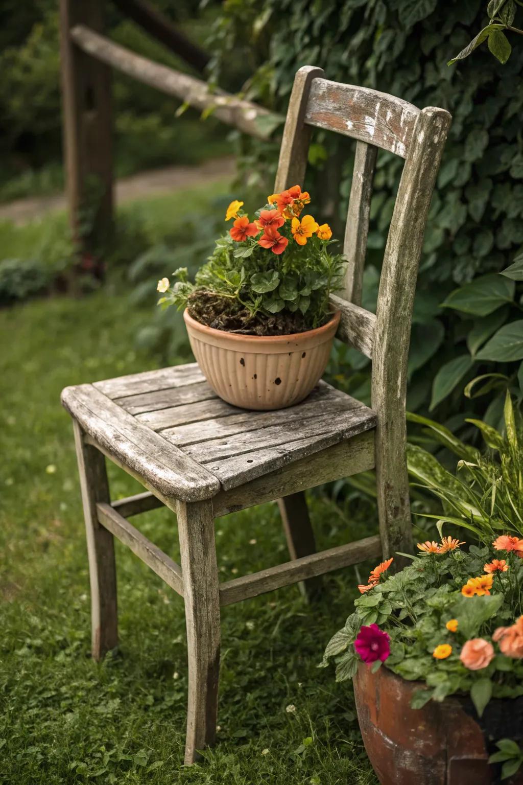 Transform your space with a touch of rustic charm: a weathered wooden chair becomes a garden's focal point.