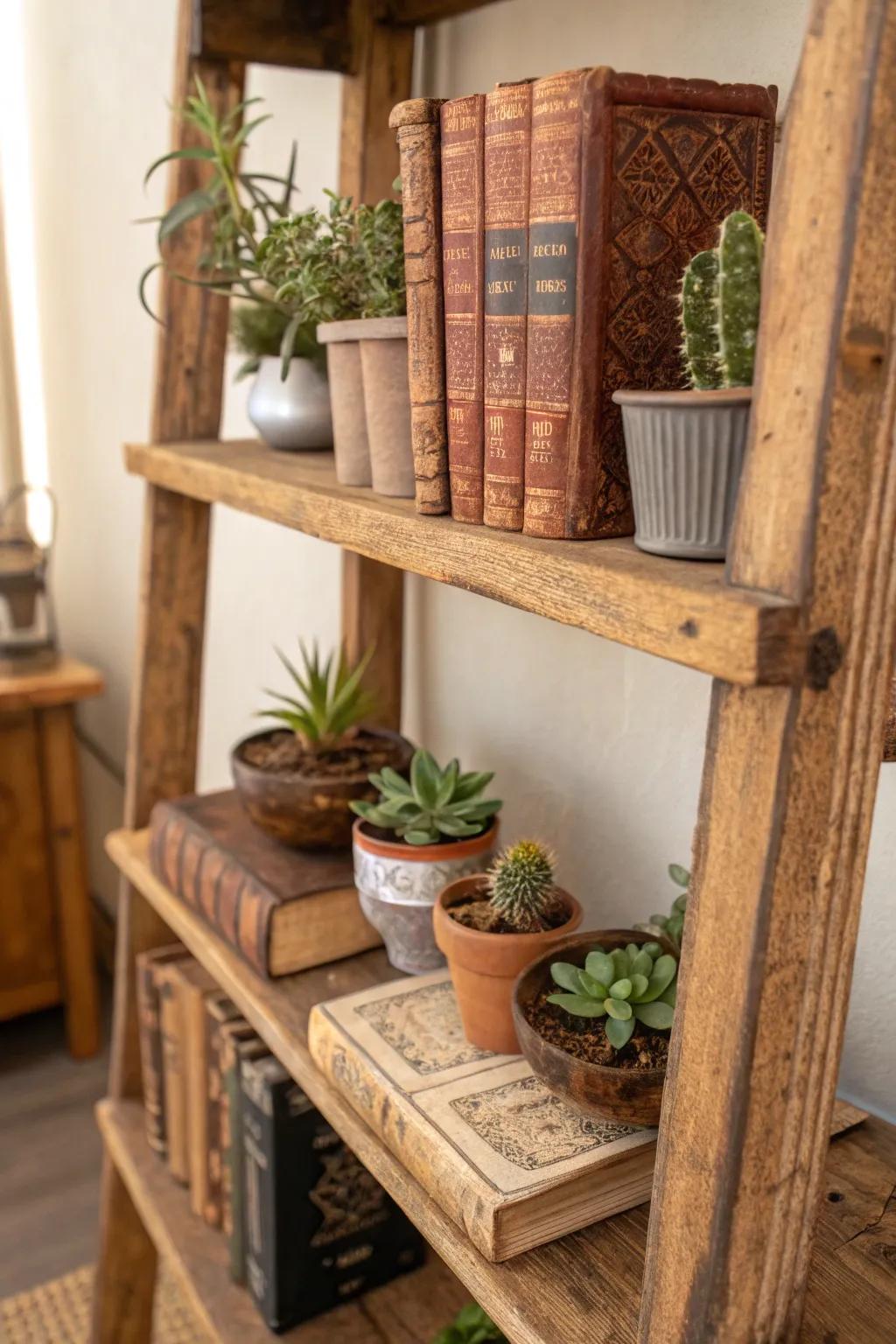 Elevate your space with the timeless charm of rustic wood shelves.