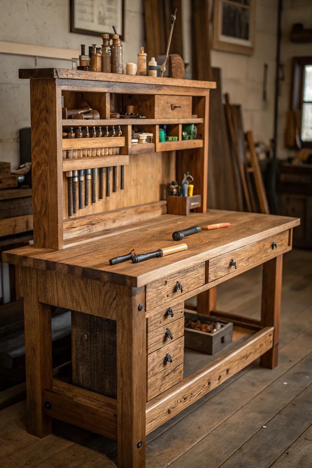 Elevate your workspace with this expertly crafted multi-level workbench, where organization meets elegance.