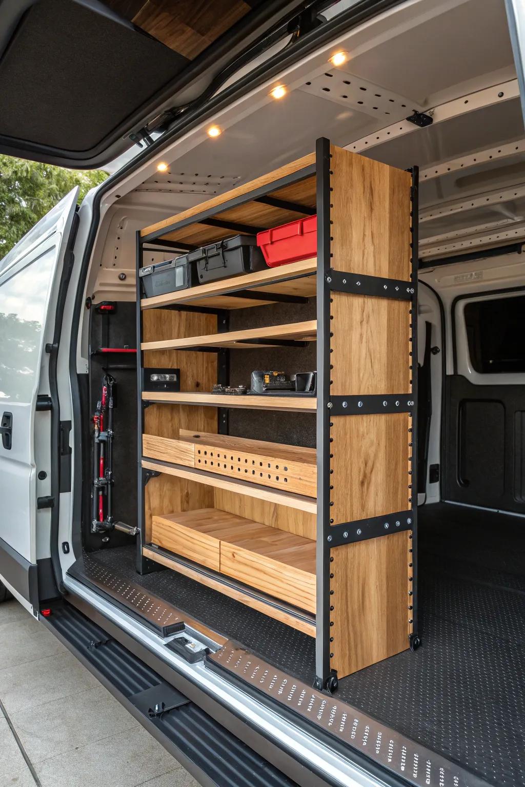 Transform your work van with adaptable shelving that grows with your needs. Experience craftsmanship at its finest!