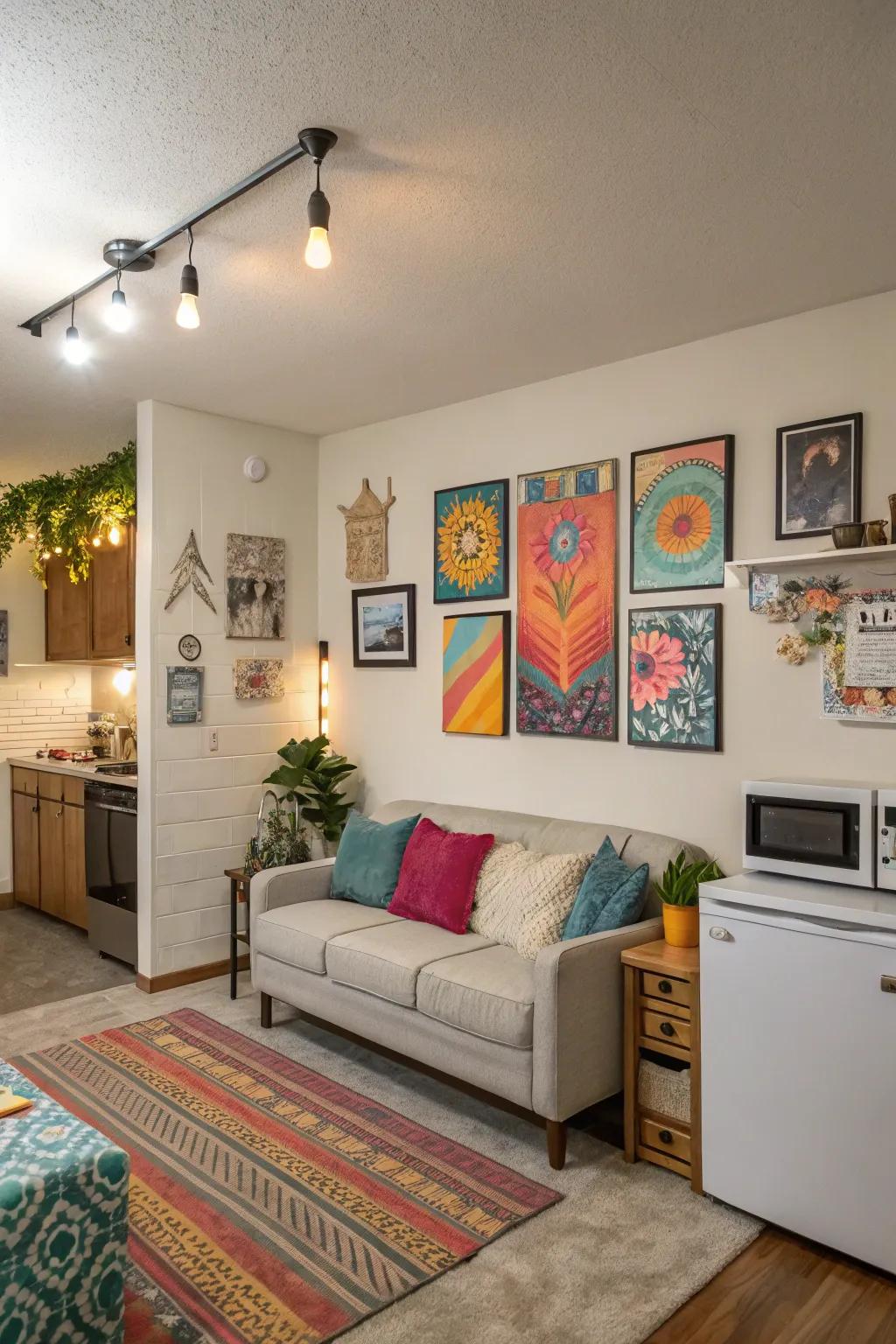 Wall art can infuse your studio with personality without occupying space.